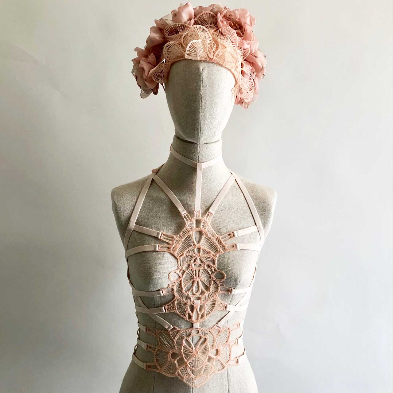 3d lace bodycage $265 AUD and floral headpiece $245 AUD